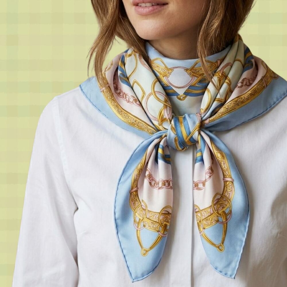Vintage Equestrian Chain and Ribbon Silk-Feel Scarf